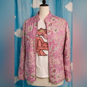 100% silk pink quilted and piped lightweight jacket blazer- L